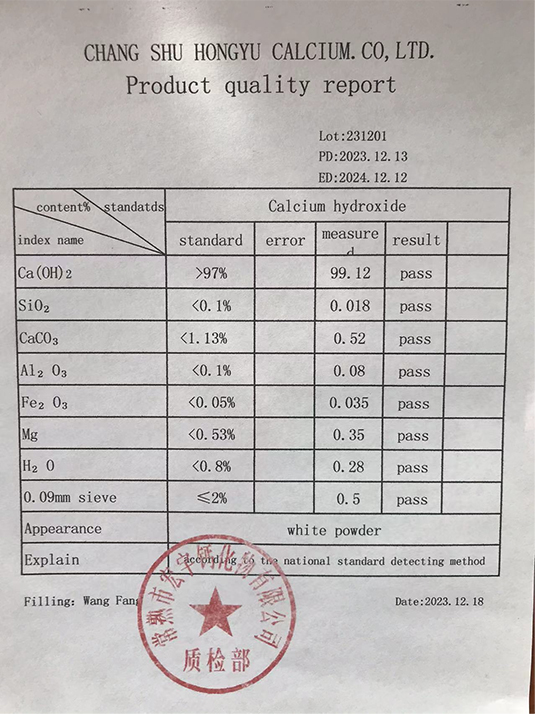 Hongyu Calcium Company Quality Report with Chemical Analysis Data